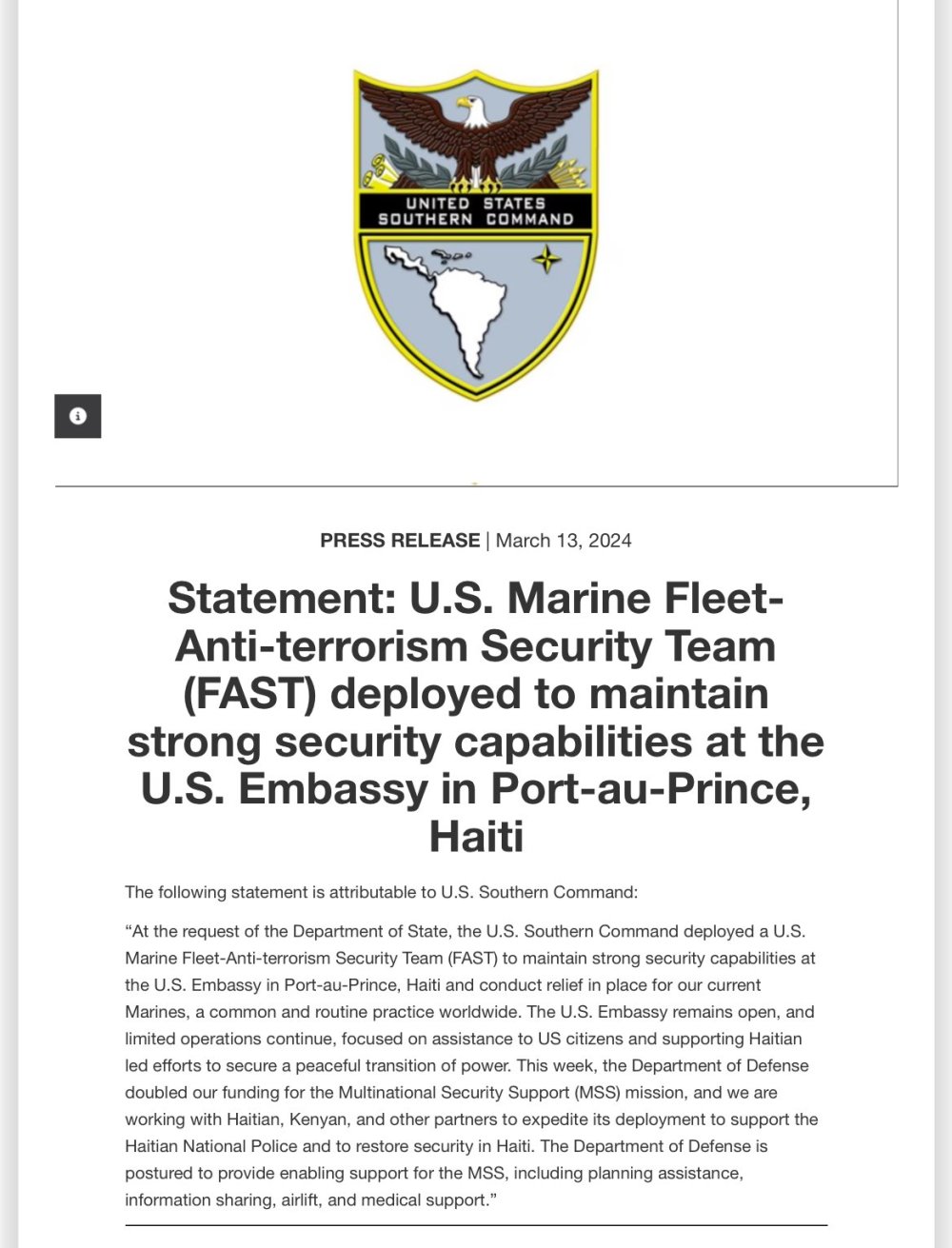 Statement of US Southern Command deploying an elite unit of US Marines to Port-au-Prince, Haiti, on March 13.